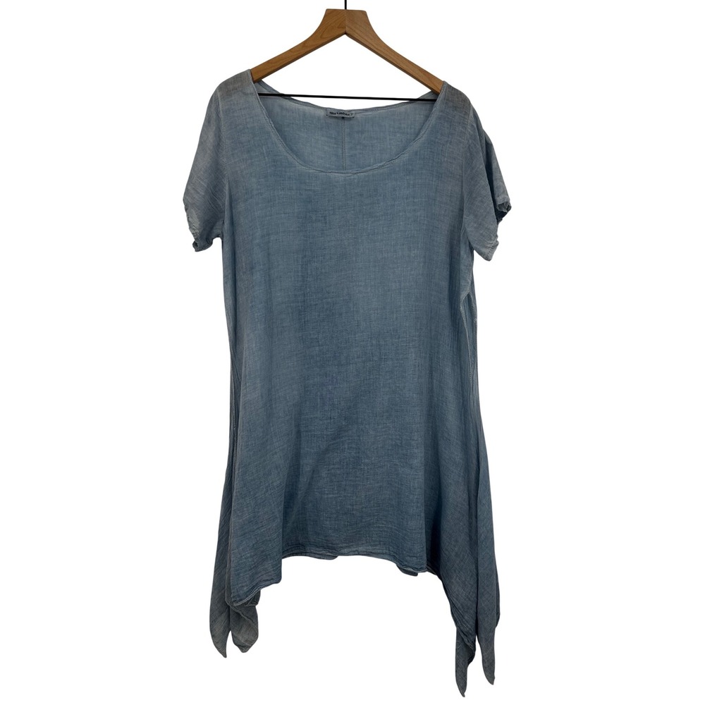 Nina Kendosa Paris Blue Cotton Lagenlook Tunic‎ Top Side Slits Made in Italy OS